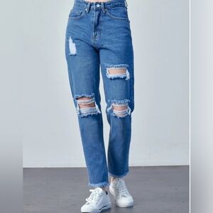 MUSELOOKS Cotton Blue Denim Slight Distressed Fray Hem Jeans Women #M9209 32 EUC